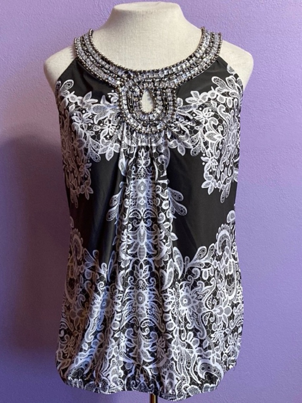 INC International Concepts Black and White Beaded Halter Camisole